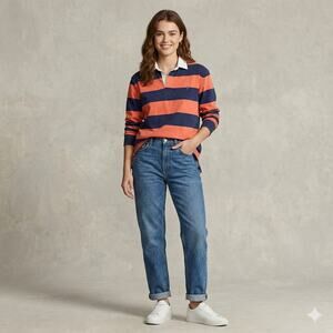 VTG Polo Ralph Lauren Navy Orange Striped Rugby Shirt M